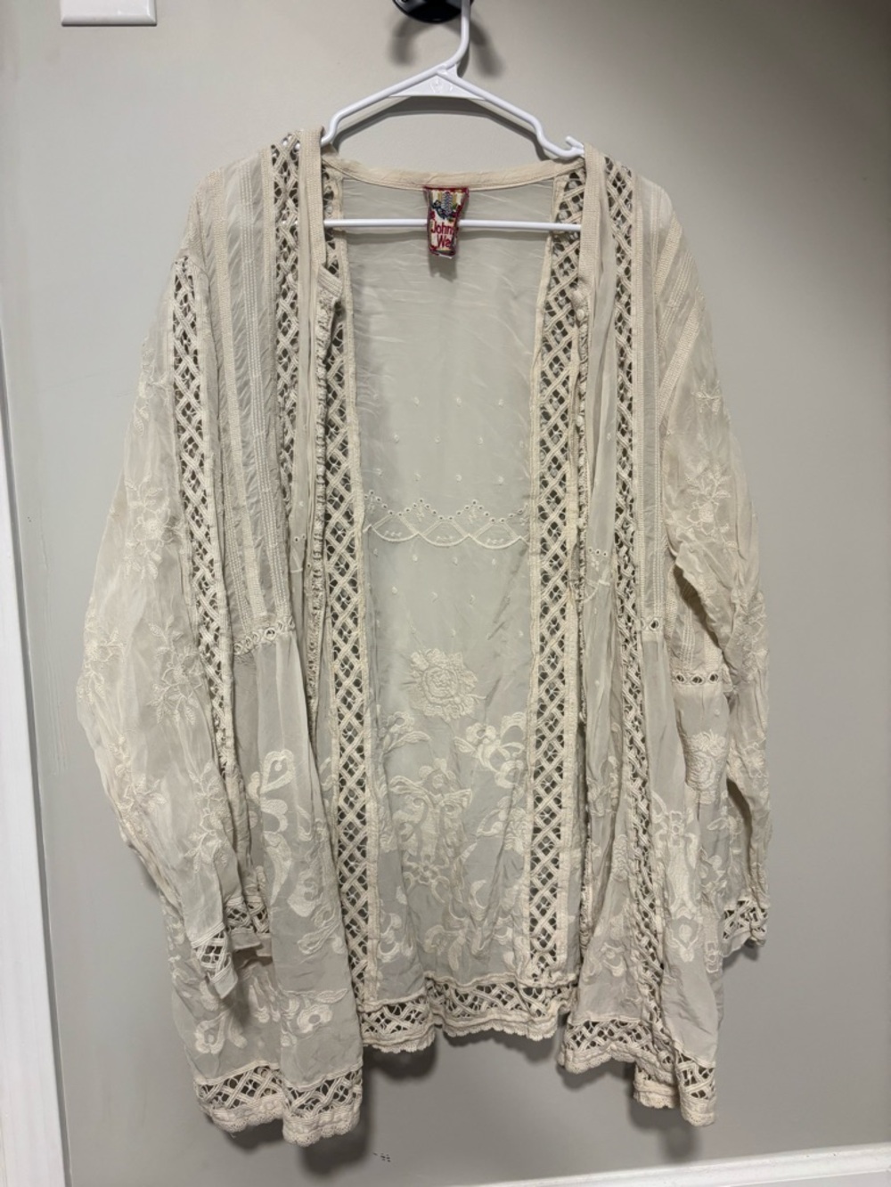 Johnny Was Cream Embroidered Sheer Open Blouse